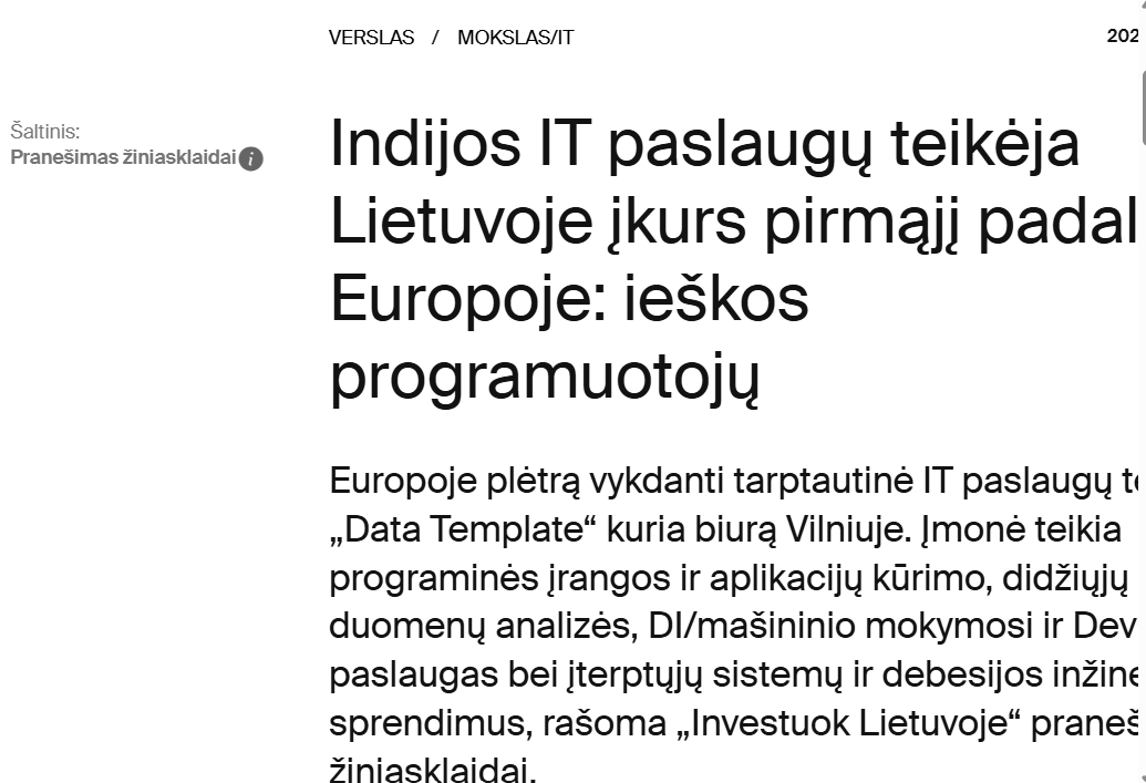 Indian IT service provider to establish first European office in Lithuania: looking for programmers